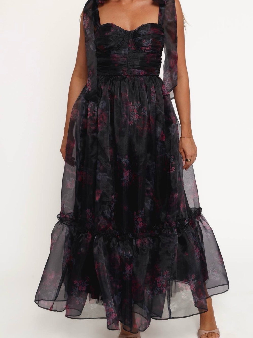 NWT Petal & Pup Black Floret Midi Bow Straps Floral Organza Maxi Dress Black XS